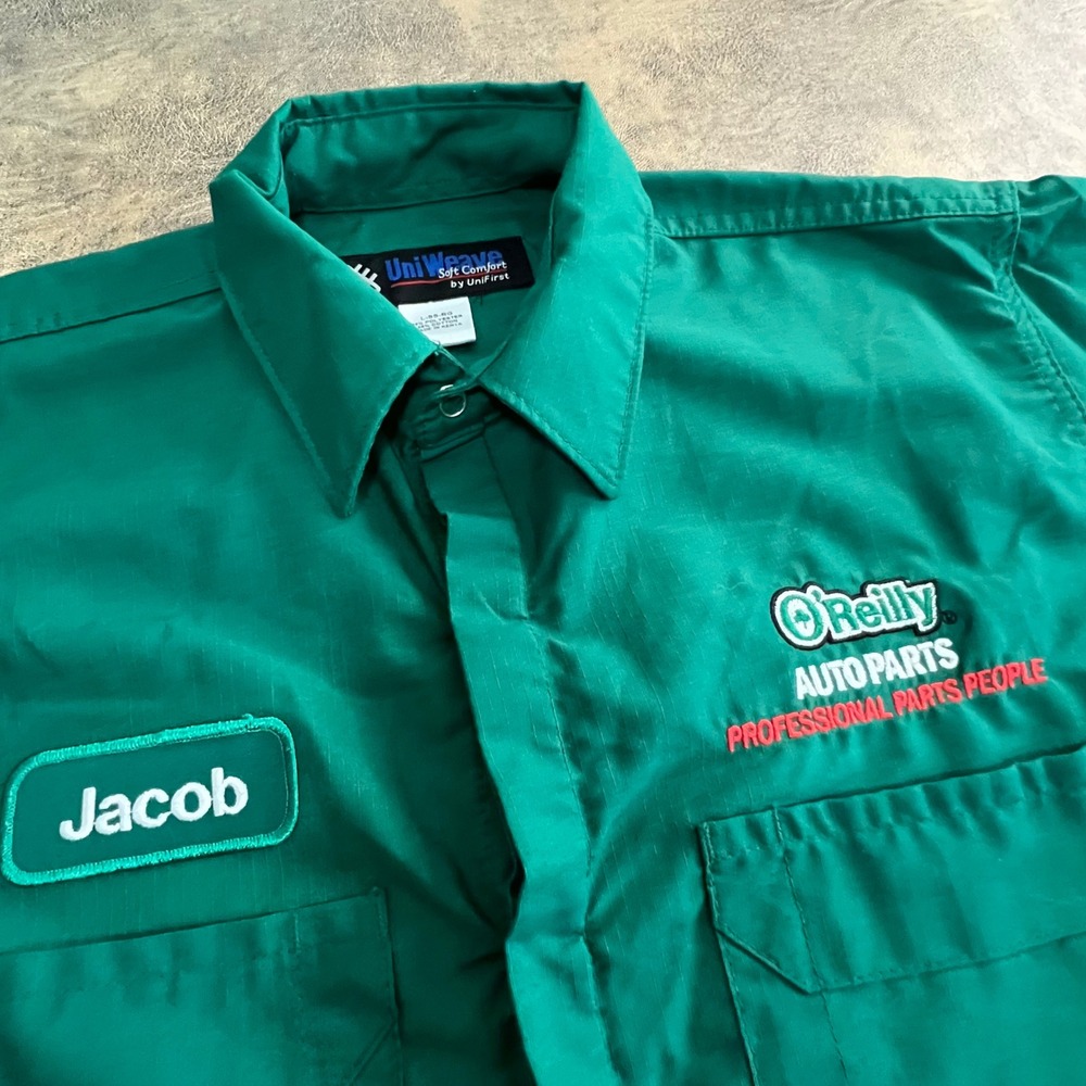 UniFirst Work Shirt Mens Large Green O'Reilly Auto Parts Jacob Patch SS Mechanic